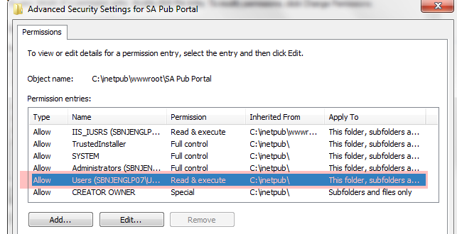 IIS Secure Portal Permissions Windows