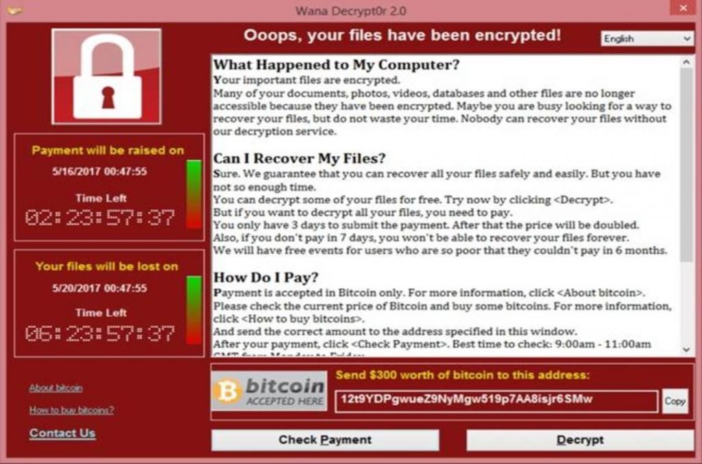 Wannacry ransomware demands for bitcoin payment