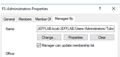 Active Directory Managed-by attribute in AD Security Group Manager with ‘Manager can update membership list’ setting