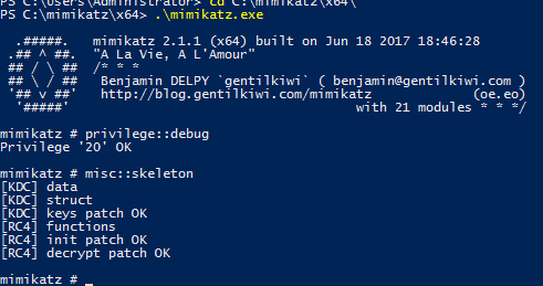 Injecting a skeleton key using the misc::skeleton into a domain controller with Mimikatz