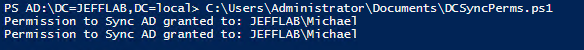 Output of PowerShell script showing which users have rights to perform DCSync attack against domain