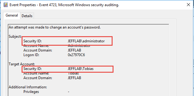 Using ChangeNTLM generates a 4723 event but subject and target account differ whereas if admins reset passwords they will generate a 4724 event 