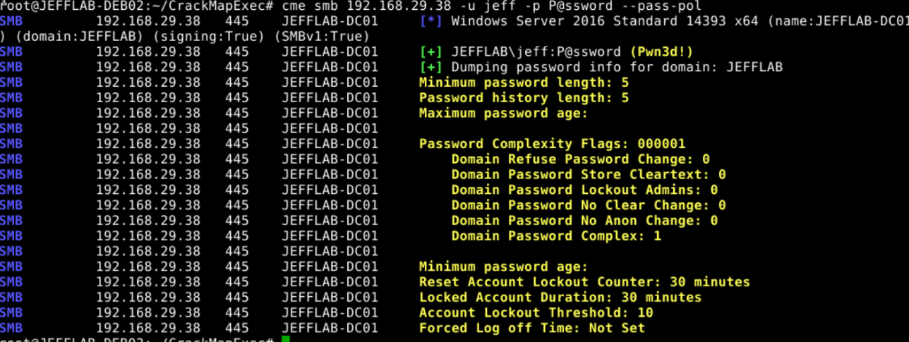 Enumerating Active Directory password policy with CrackMapExec and –pass-pol
