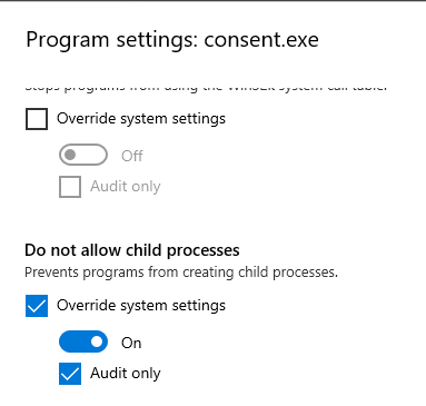 Figure 9 - Using Windows 10 Exploit Protection settings to audit creation of child processes