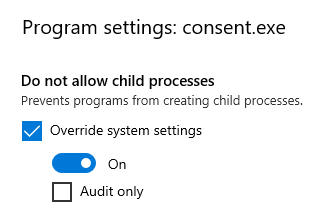 Figure 11 - Exploit Protection on consent.exe set to not allow child processes