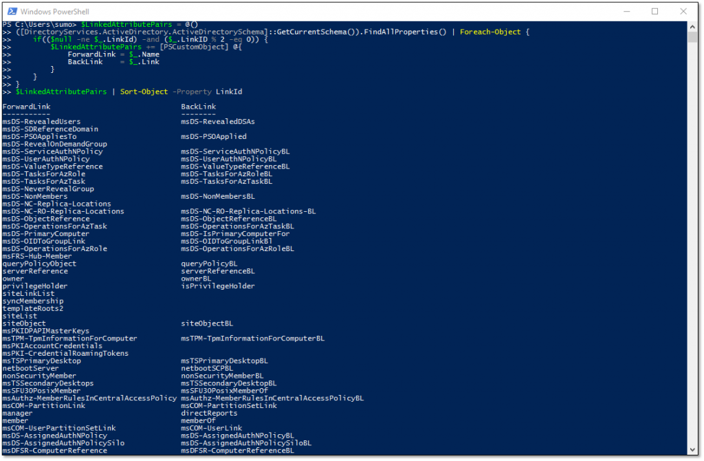 Using PowerShell to retrieve Active Directory linked attribute pairs