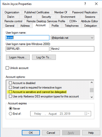 Option to mark a user as sensitive in Active Directory Users and Computers