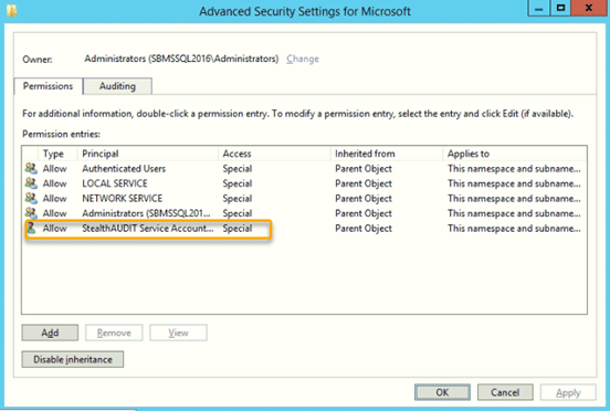 Advanced Security Settings for Microsoft